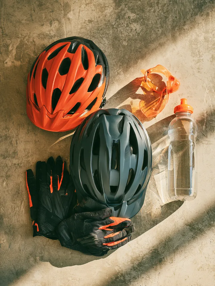 Top-down flat lay on a clean concrete garage floor showing a new mountain bike helmet with cycling gloves and a water bottle