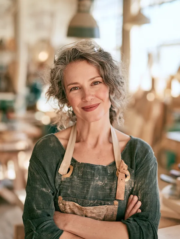 Confident woodworker in her 50s in a bright modern workshop with safety glasses pushed up on her head, ready to put a $2,000 loan toward new tools