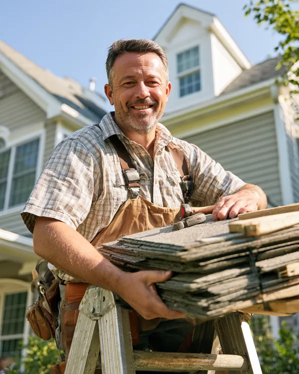 Roofer in his 40s carrying a bundle of shingles up a ladder against a sunny suburban house during a repair paid with a $4,000 loan