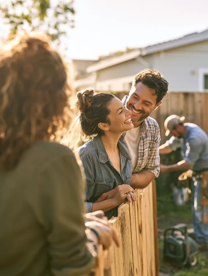 Over-the-shoulder view of a couple in their 40s watching a contractor fit a new fence panel in their backyard