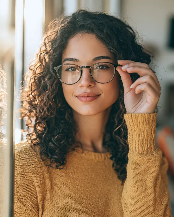 Young woman in a bright studio apartment holding her new prescription glasses up to the window light