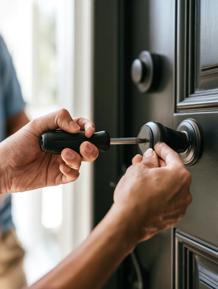 Hands fitting a new matte-black handle set onto a freshly painted front door, a fix a $500 loan can cover