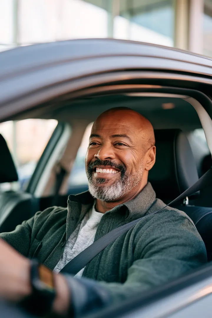 Close-up portrait of a rideshare driver in his 50s behind the wheel of his clean modern sedan with a confident half smile