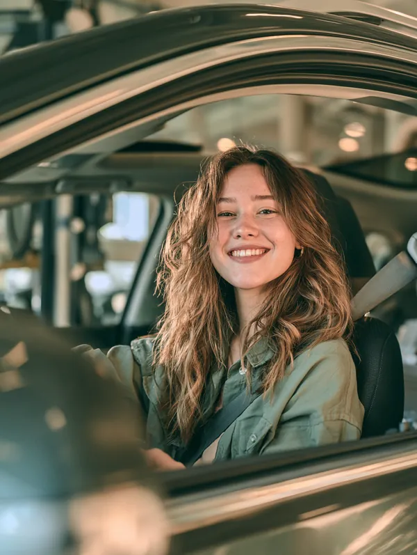 A young woman in her 20s smiles with the window down as she drives her compact SUV out of a clean modern auto service bay