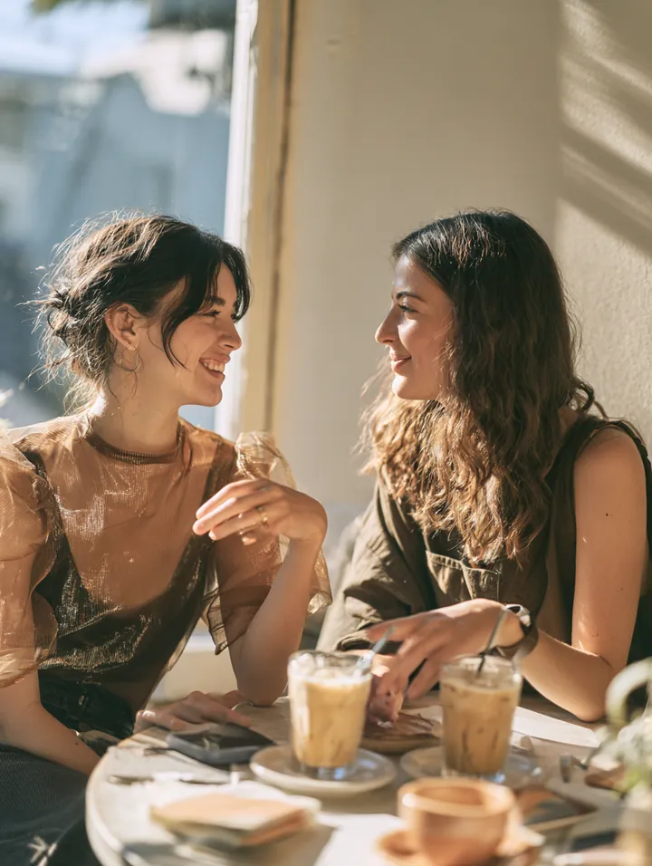 Two friends in their 20s talking over iced lattes at a sunny window table in a minimalist neighborhood cafe