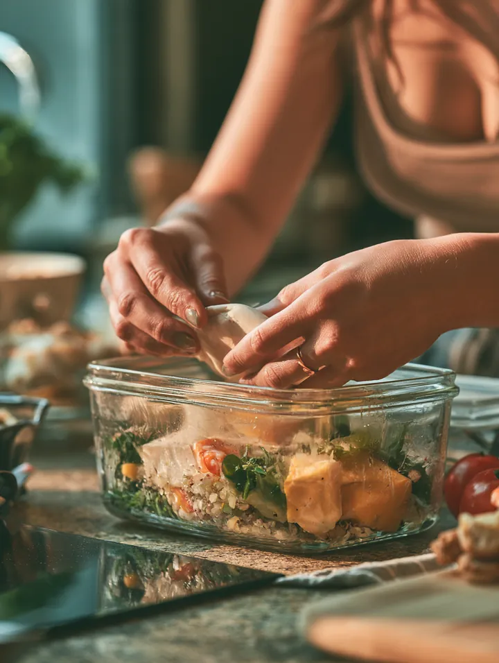 Hands packing a homemade lunch into a glass meal-prep container on a kitchen counter