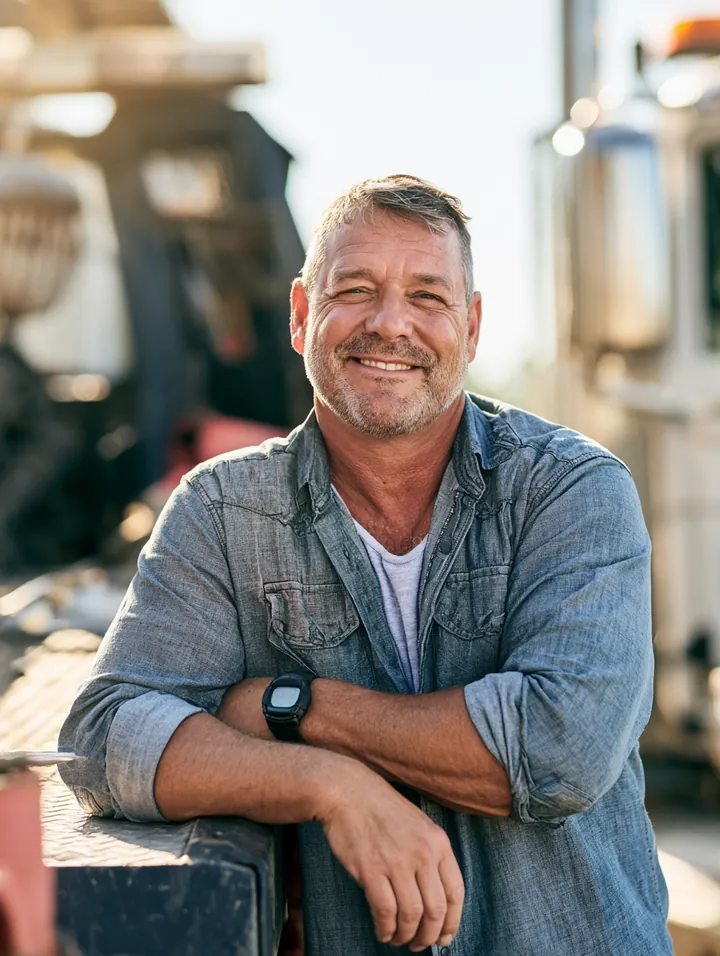 Tow truck driver in his fifties leaning against his flatbed, a reminder that a breakdown can lead drivers to compare loan instant cash options