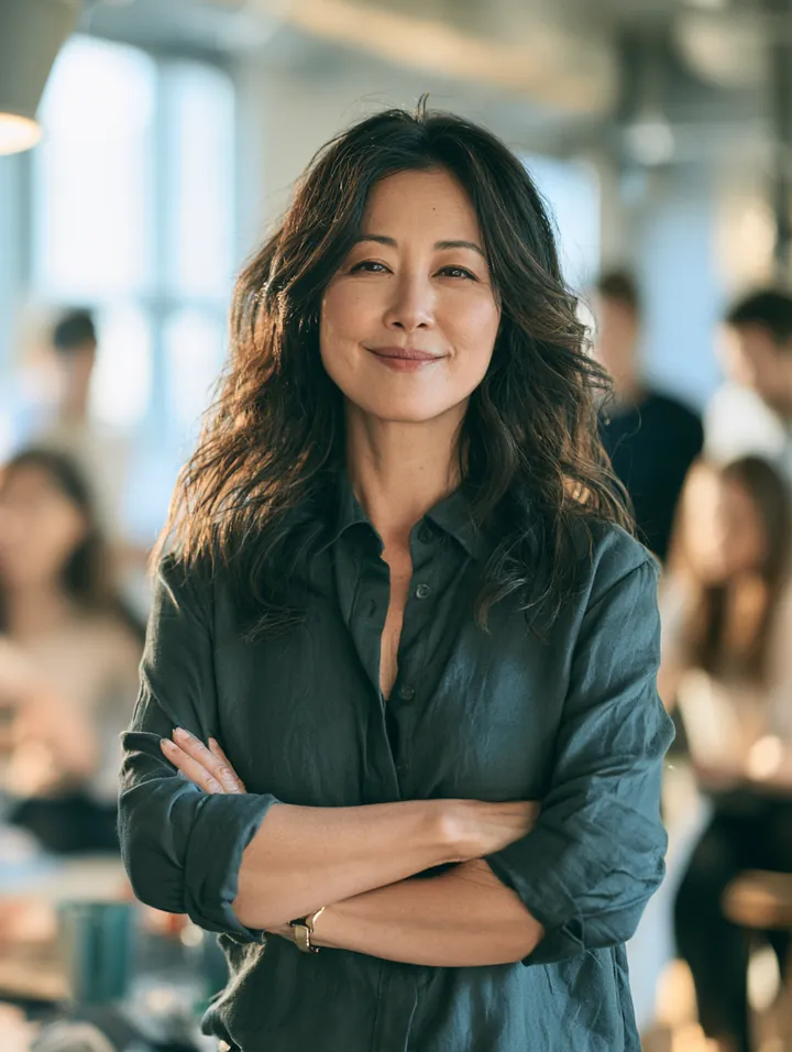 Asian American operations manager in her 50s with arms loosely crossed in a bright open office, the kind of careful reader who compares loan instant cash offers