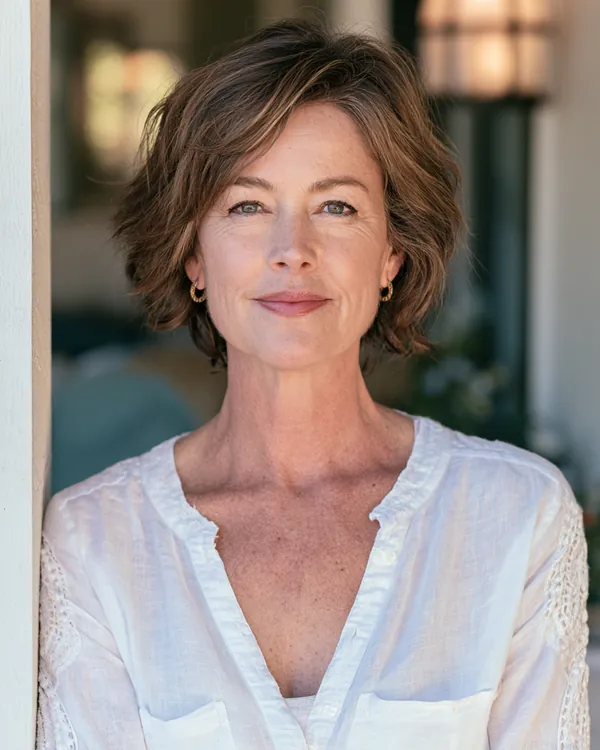 Confident woman in her 50s smiling on the front porch of her modern home after checking her credit before a loan instant cash request