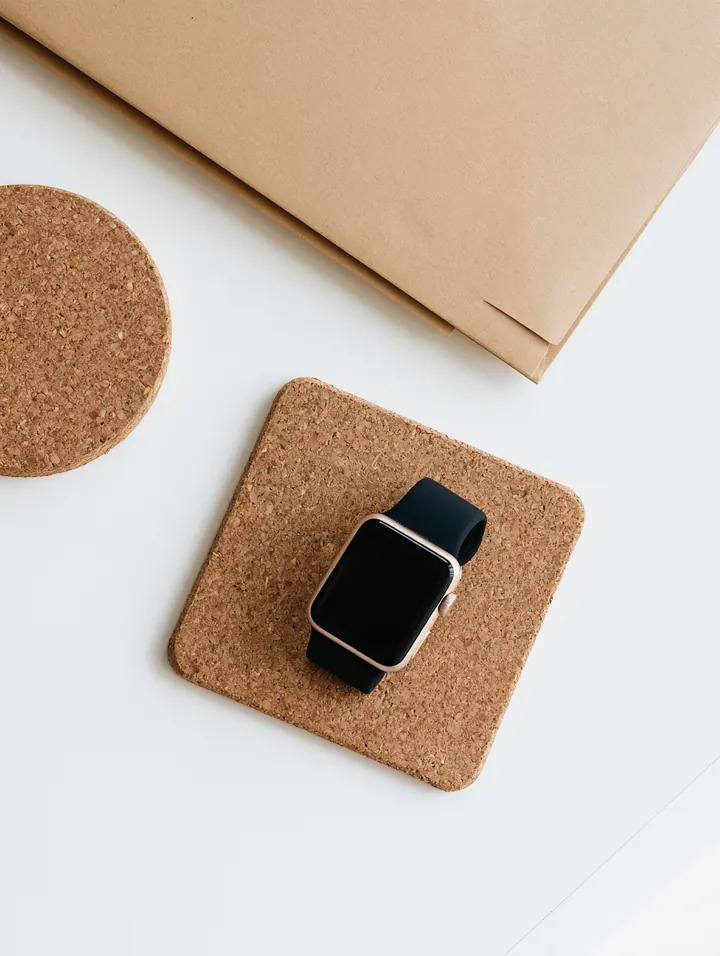 Top-down flat lay on a white desk with a smartwatch, a closed manila folder and a cork coaster