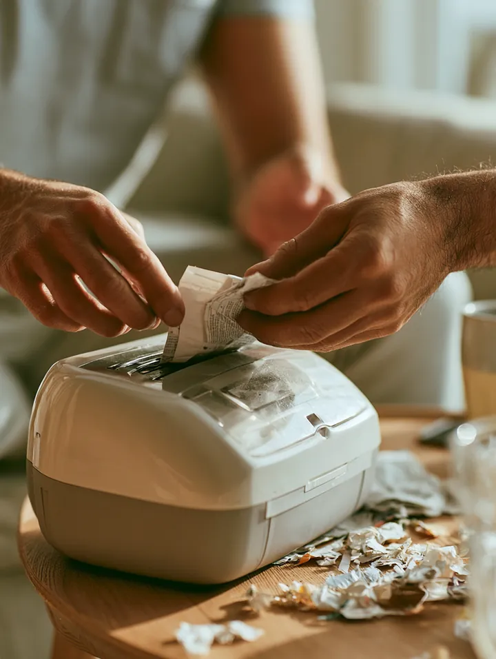 Hands feeding old junk mail into a small paper shredder on a living room side table after comparing loan instant cash and balance transfer options