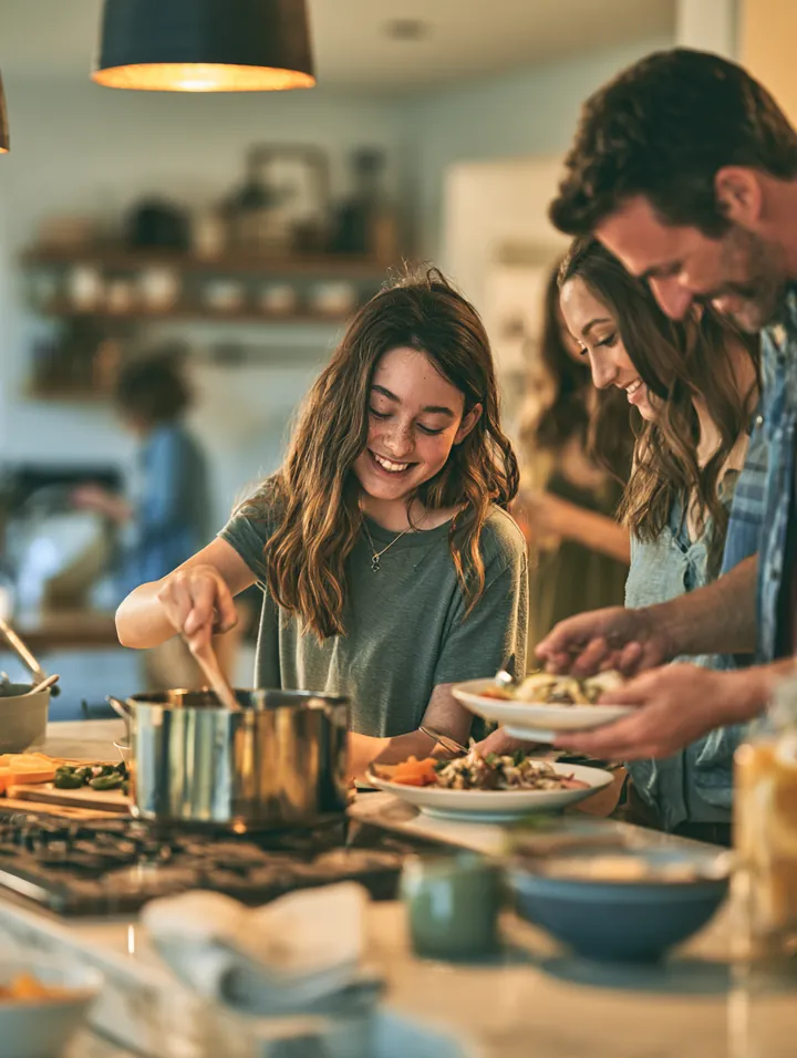 A family cooks dinner together in a modern open-plan kitchen while a teenager stirs a pot and the parents plate the food