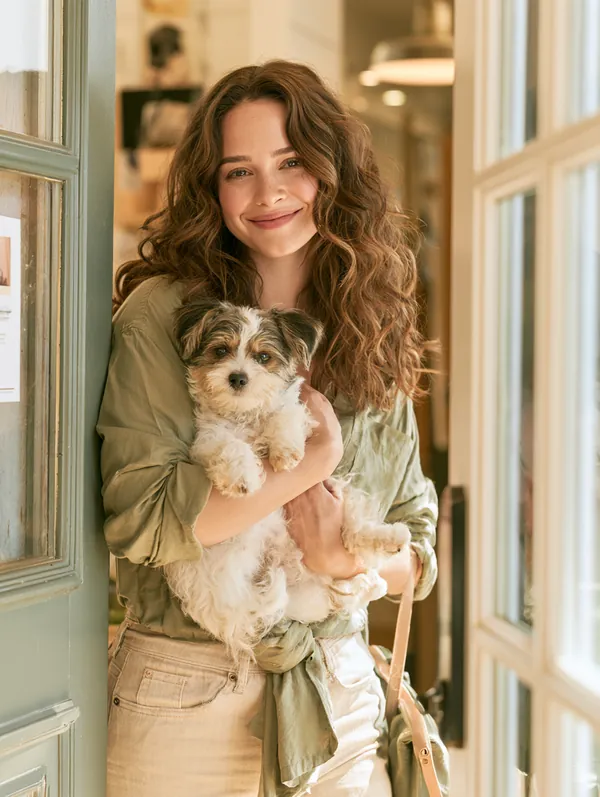 Woman in her 30s carrying her small mixed-breed dog through the doors of a bright modern animal hospital