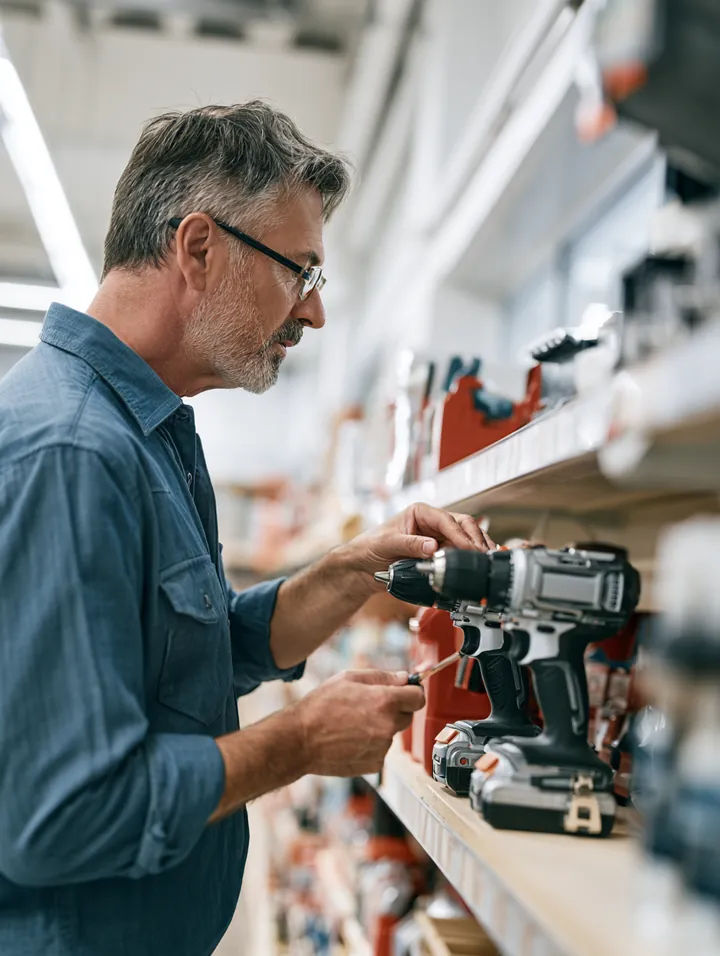 Man in his 50s comparing two cordless drills in a bright hardware store aisle, weighing options the way you might compare loan instant cash offers