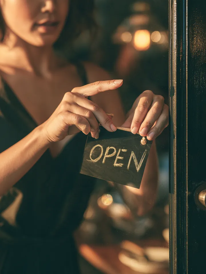 Hands flipping a small chalkboard sign to OPEN on the glass door of a neighborhood cafe at sunrise