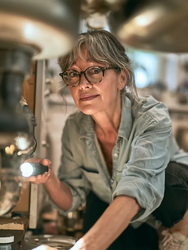 Homeowner in her sixties calmly inspecting the pipes under her kitchen sink with a flashlight