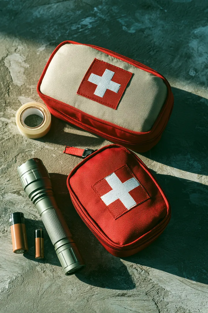 Top-down view of a home emergency kit on concrete with a first aid kit, flashlight, spare batteries and duct tape, prepared before any loan instant cash request is needed