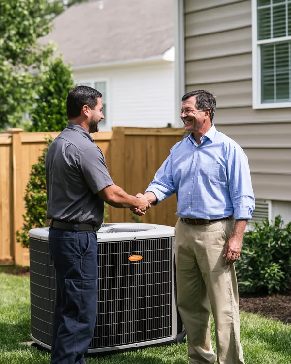 An HVAC technician and a homeowner in his 50s shake hands beside a brand-new outdoor AC condenser in a tidy backyard after a repair paid through a loan instant cash request