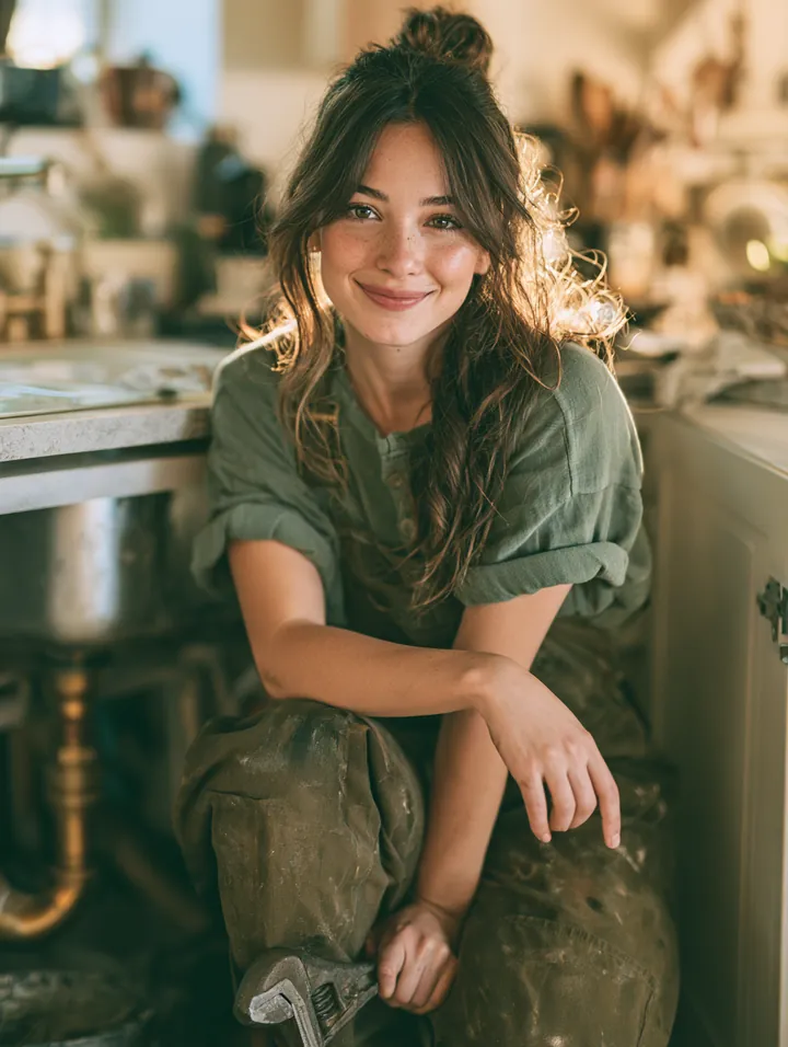 A plumber in her 30s kneels by an open kitchen sink cabinet with a wrench in hand, looking up with a confident grin