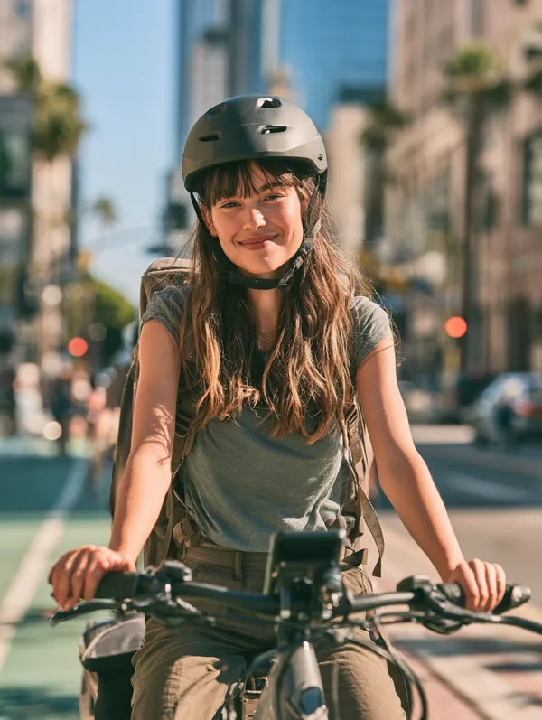Courier in her 30s riding an e-bike through a bright downtown bike lane