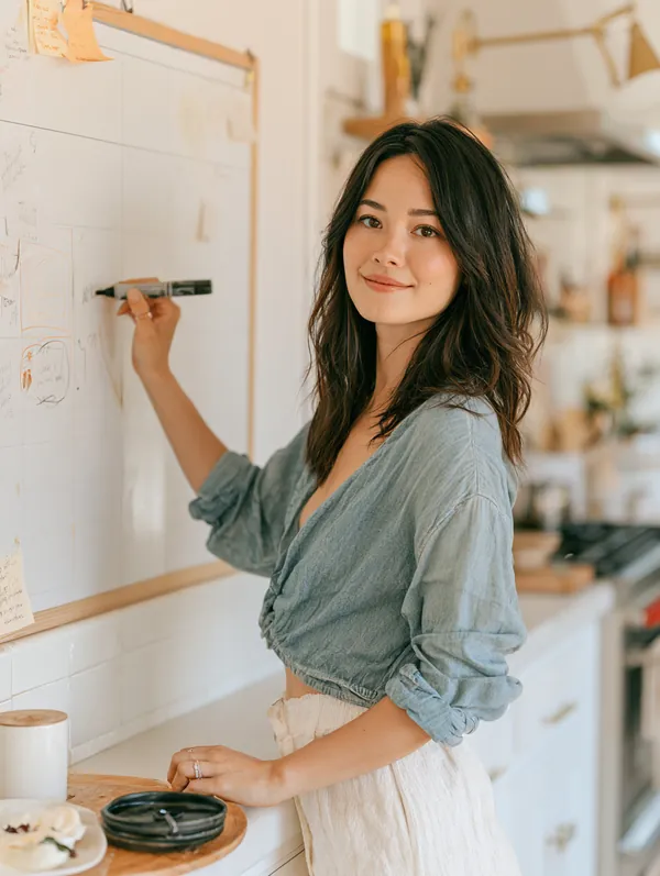 Woman in her 30s crossing off a finished goal with a marker on a large wall calendar in her bright kitchen