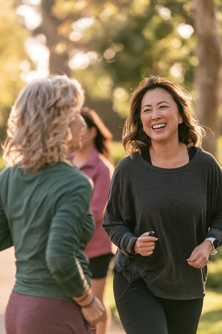 Two friends in their 50s power-walking a park loop mid-conversation, keeping a steady pace the way a loan instant cash payoff plan rewards steady payments
