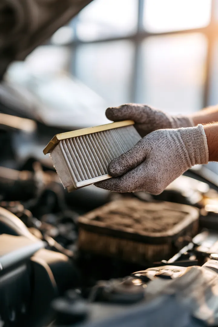 Gloved hand holding a fresh engine air filter beside a dirty one over an open engine bay, a common line item drivers check before a loan instant cash request