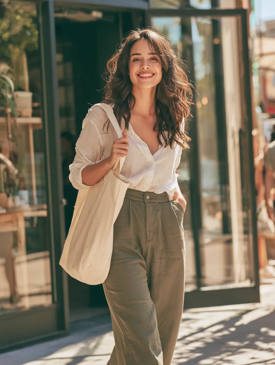 Smiling woman in her 30s with a canvas tote walking out of a glass-front downtown storefront onto a sunny sidewalk