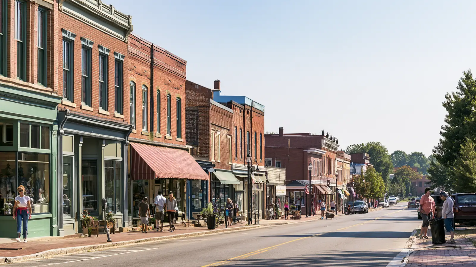 A lively modern American main street on a bright afternoon with small businesses open