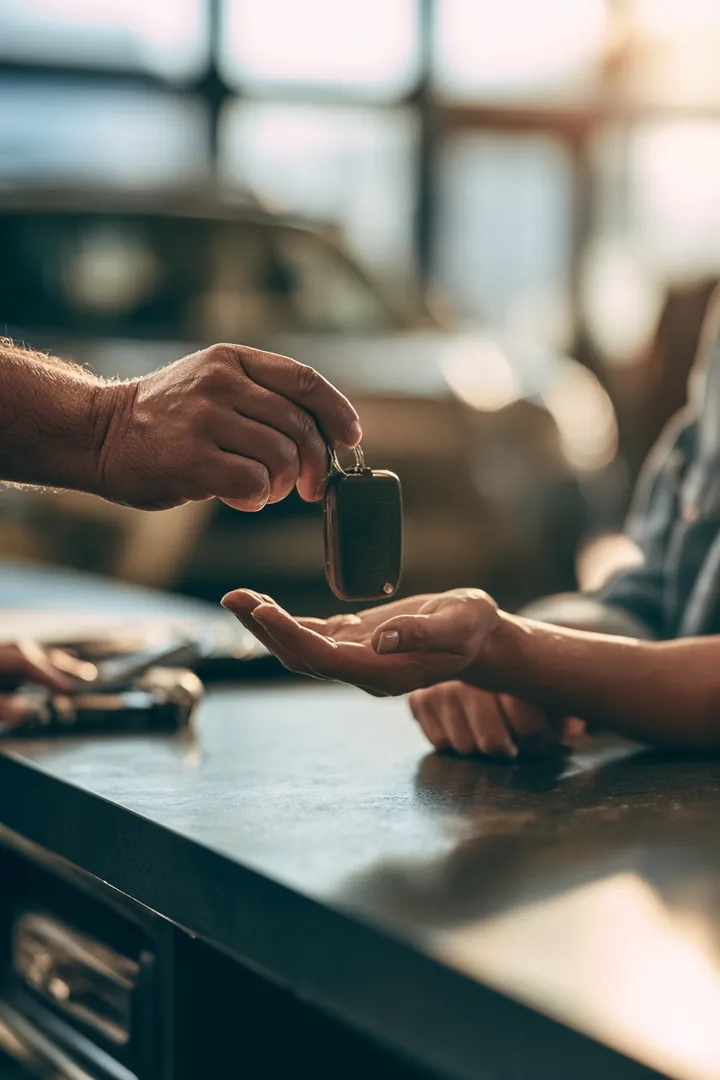 Mechanic passing a car key fob into a customer's hand across a clean service counter after a repair covered by a loan instant cash request