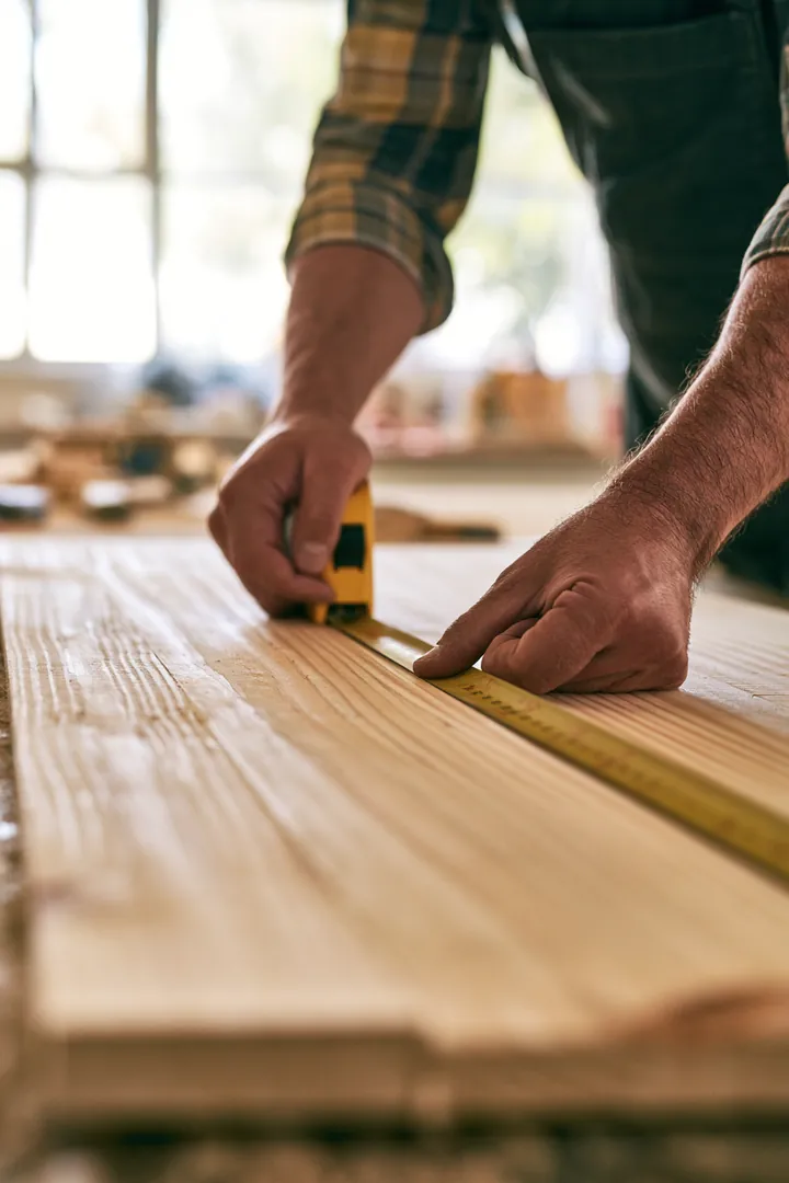Hands pulling a yellow tape measure across a fresh pine board in a bright, organized woodworking shop