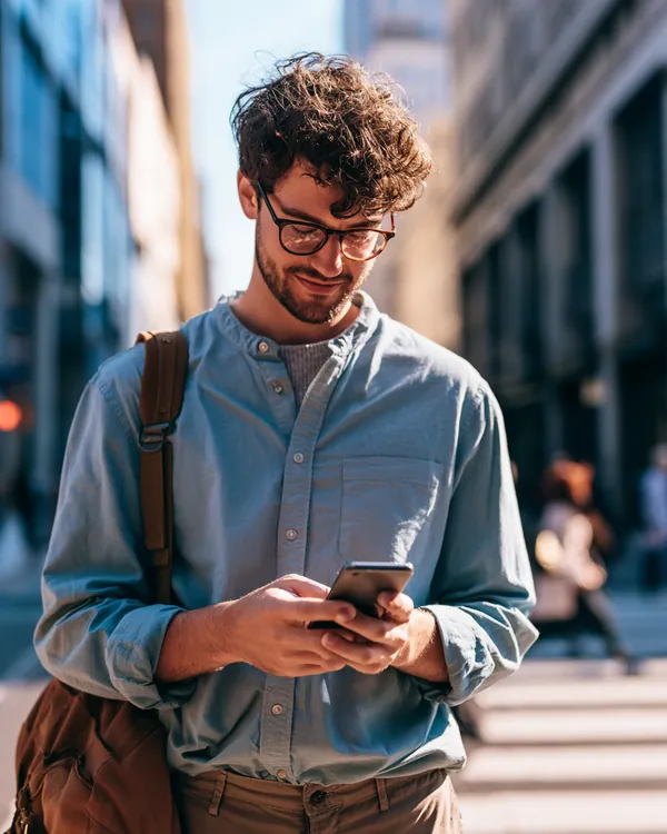 Young man in his 20s glancing at his smartphone at a sunny downtown crosswalk while comparing loan instant cash options