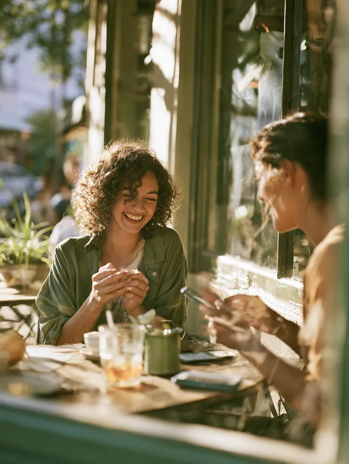 Two coworkers in their 20s laughing together on a break at a sidewalk cafe table on a bright afternoon