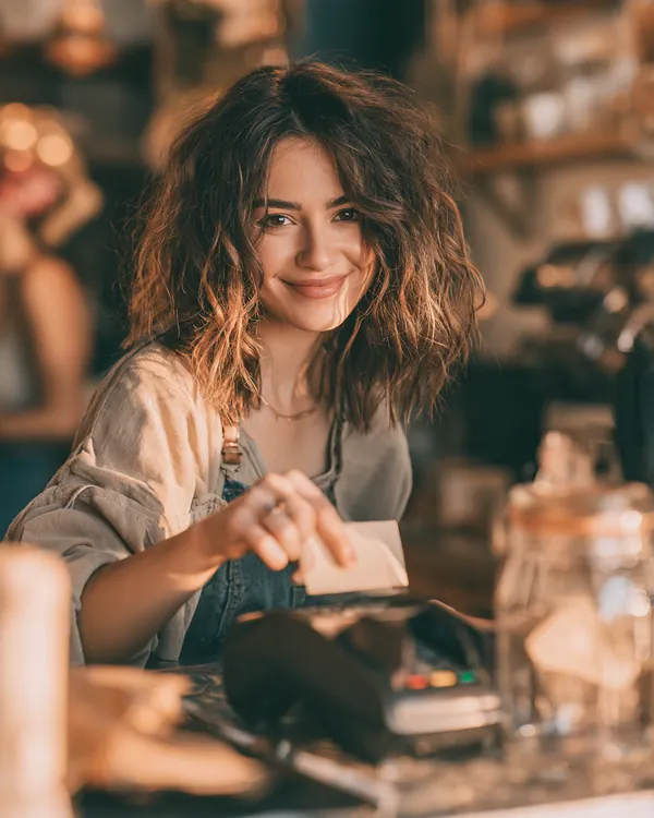 Young woman tapping a plain card on a sleek payment terminal at a modern coffee bar