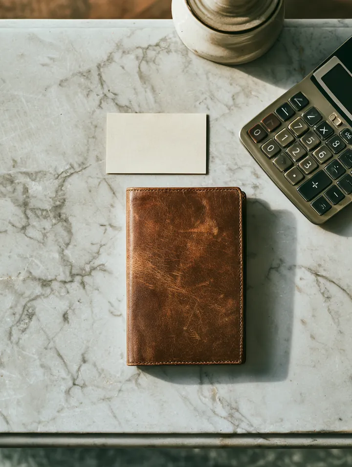 Leather wallet, plain card and small calculator on a marble counter, set out to compare loan instant cash costs with a credit card