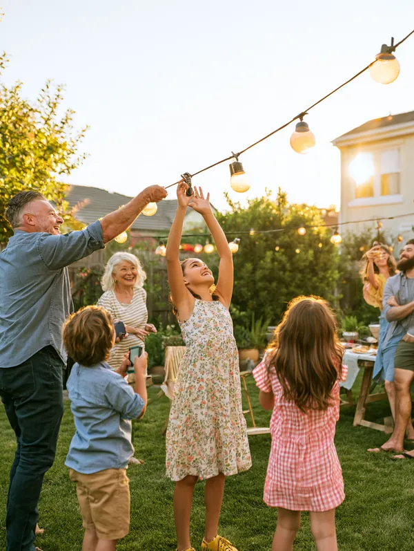 A multigenerational family hangs string lights across a fresh green backyard before an evening get-together