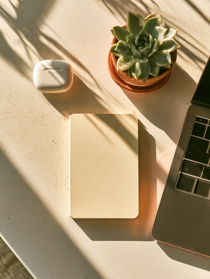 Top-down view of a desk with a slim paper planner used to compare loan instant cash rates, next to an earbuds case and a small succulent