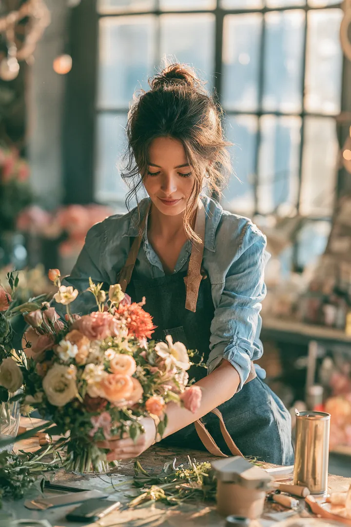 Florist arranging a vibrant seasonal bouquet at her shop counter, like the small shop owners featured in loan instant cash reviews