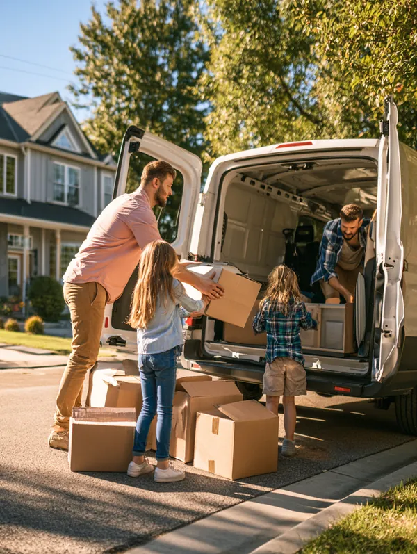 Family loading moving boxes into a rental van on a sunny residential street after sorting out loan instant cash funding