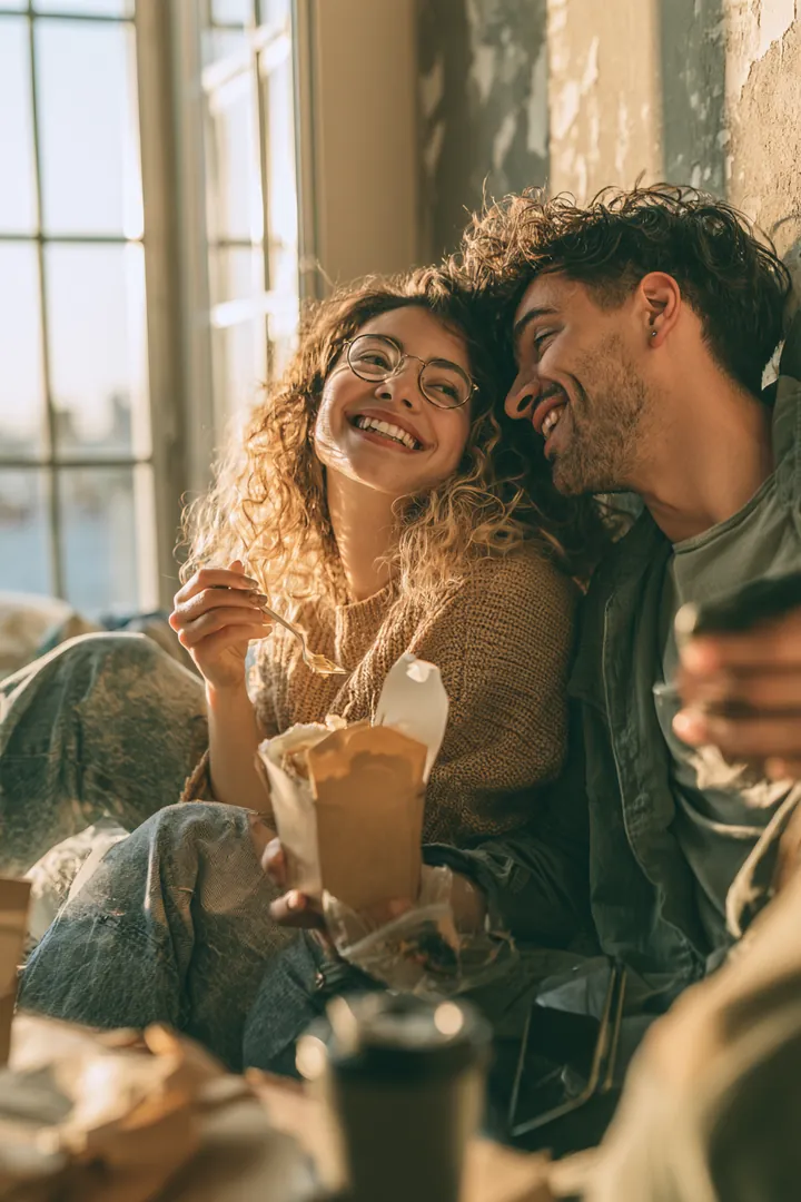 Couple in their 20s sitting on the floor of their empty new apartment, eating takeout and grinning