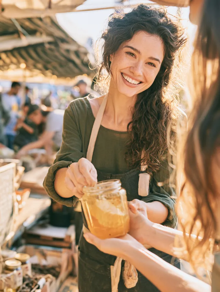 Vendor in her 40s handing a jar of honey to a customer at a busy weekend farmers market stall stocked with help from a loan instant cash request