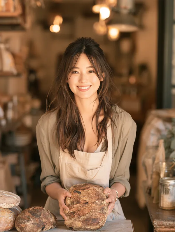 A confident Korean American bakery owner in her 30s sets fresh loaves into her storefront display at dawn, stocked with help from a loan instant cash request