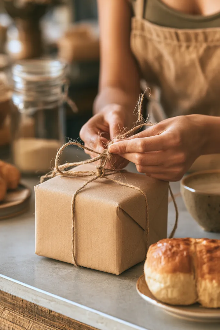 Close-up of hands tying cotton twine around a kraft-paper box of pastries on a clean bakery counter