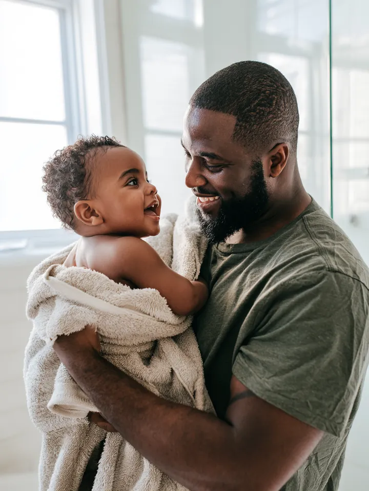 Dad in his thirties holding his toddler wrapped in a fluffy towel after bath time, hot water back after a repair funded through a loan instant cash request