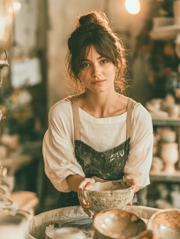 Ceramicist in her twenties loading glazed bowls into a kiln in her bright pottery studio