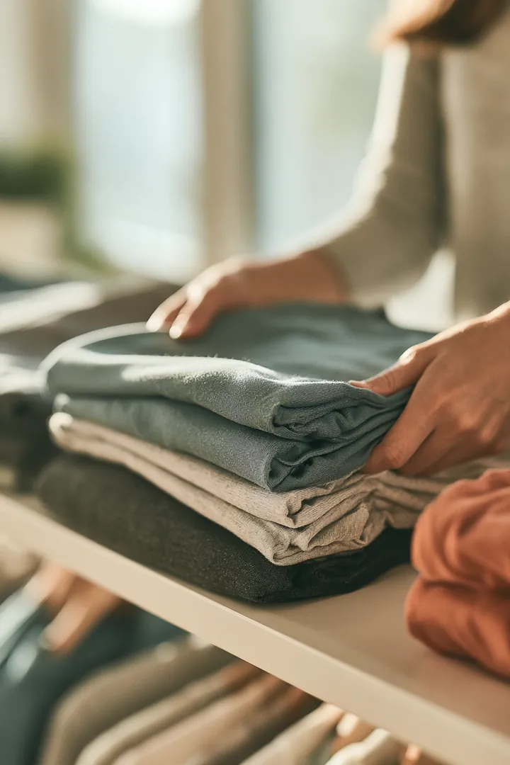 Hands stacking folded T-shirts on a minimalist boutique shelf, a small shop owner weighing loan instant cash options for inventory